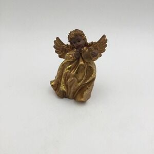 Vintage Gold Angel Figurine With Wings & Harp